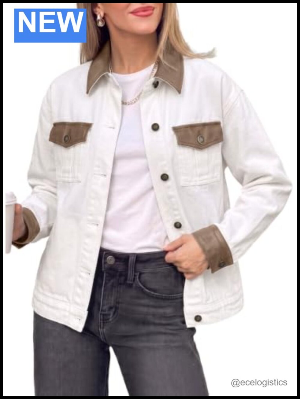 Womens Boyfriend Washed Denim Jean Jacket with Faux Leather Accents